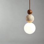 Spherical Pendant Light, Minimalist Design with Travertine and Wood Detail