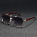 Square Metal Sunglasses with Wooden-Finish Arms