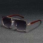 Square Metal Sunglasses with Wooden-Finish Arms