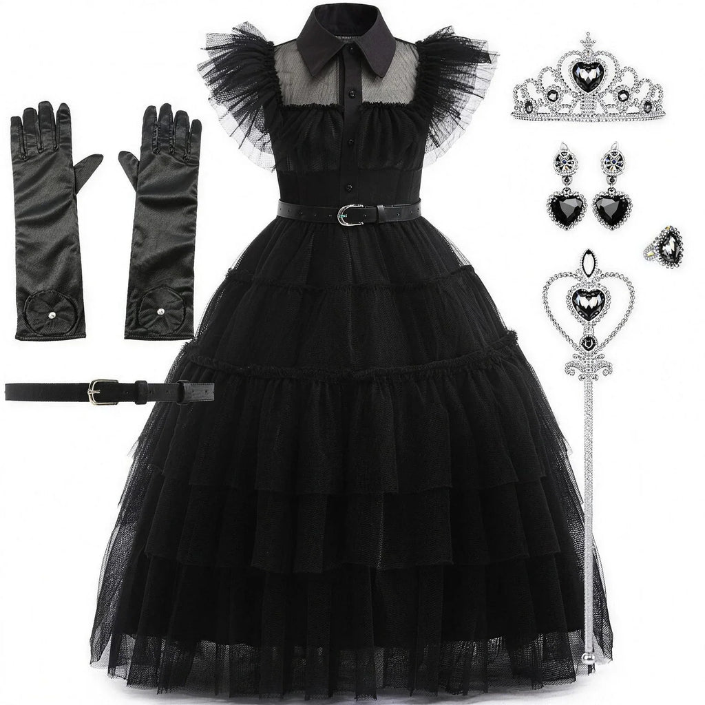 Wednesday Addams costume with belt, gloves and jewellery bundle