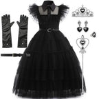 Wednesday Addams costume with belt, gloves and jewellery bundle