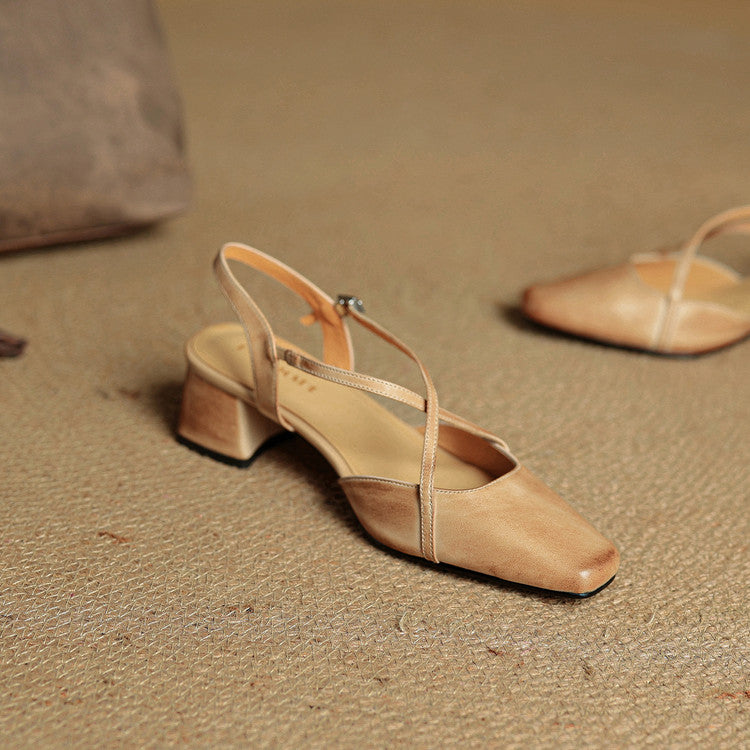 Women's Leather High Heels - Closed Toe Block Heel Shoes