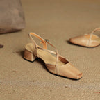 Women's Leather High Heels - Closed Toe Block Heel Shoes