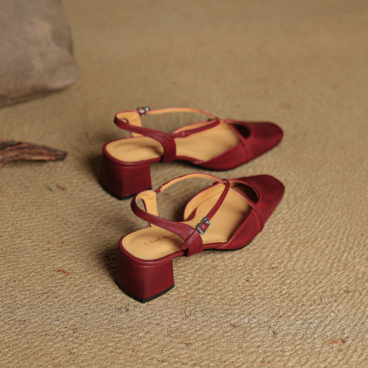 Women's Leather High Heels - Closed Toe Block Heel Shoes