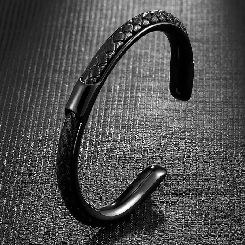 Men's Braided Leather Cuff Bracelet with Stainless Steel Clasp