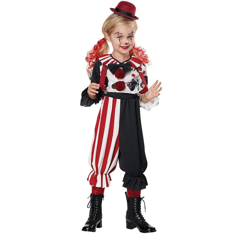 Girl wearing clown costume with striped harem pants