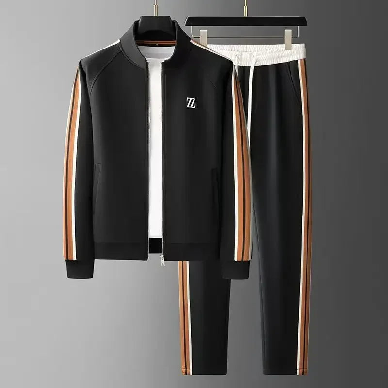 Men's Tracksuit with Faux Leather Trim – Cotton Blend Zip-Up Set