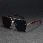 Square Metal Sunglasses with Wooden-Finish Arms