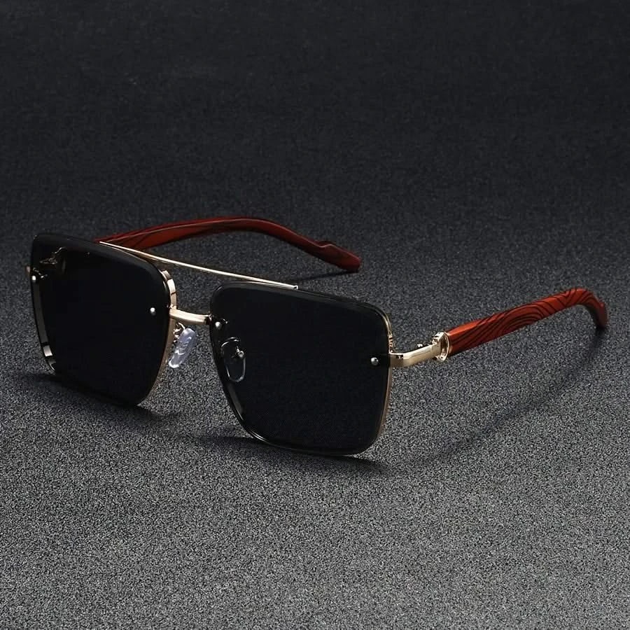 Square Metal Sunglasses with Wooden-Finish Arms