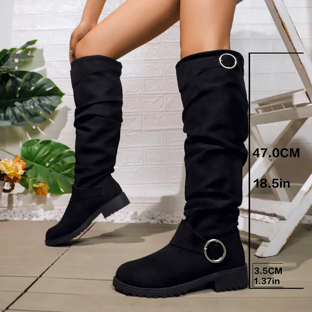 Women's Knee High Boots with Buckle Detail and Block Sole