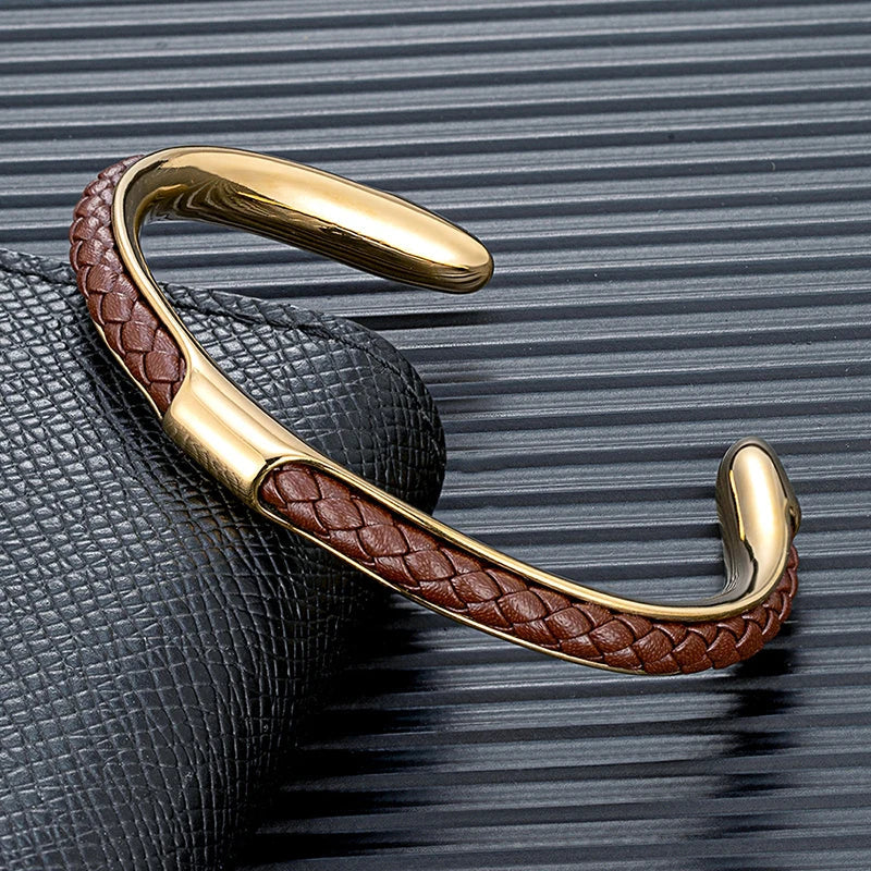 Men's Braided Leather Cuff Bracelet with Stainless Steel Clasp