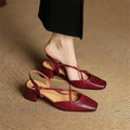 Women's Leather High Heels - Closed Toe Block Heel Shoes