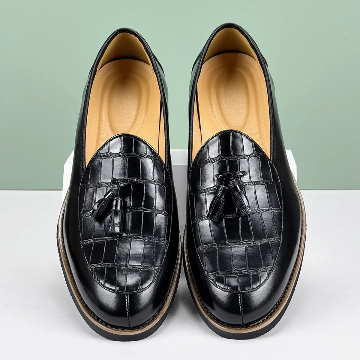 Men's Leather Tassel Loafer with Croc-Embossed Vamp