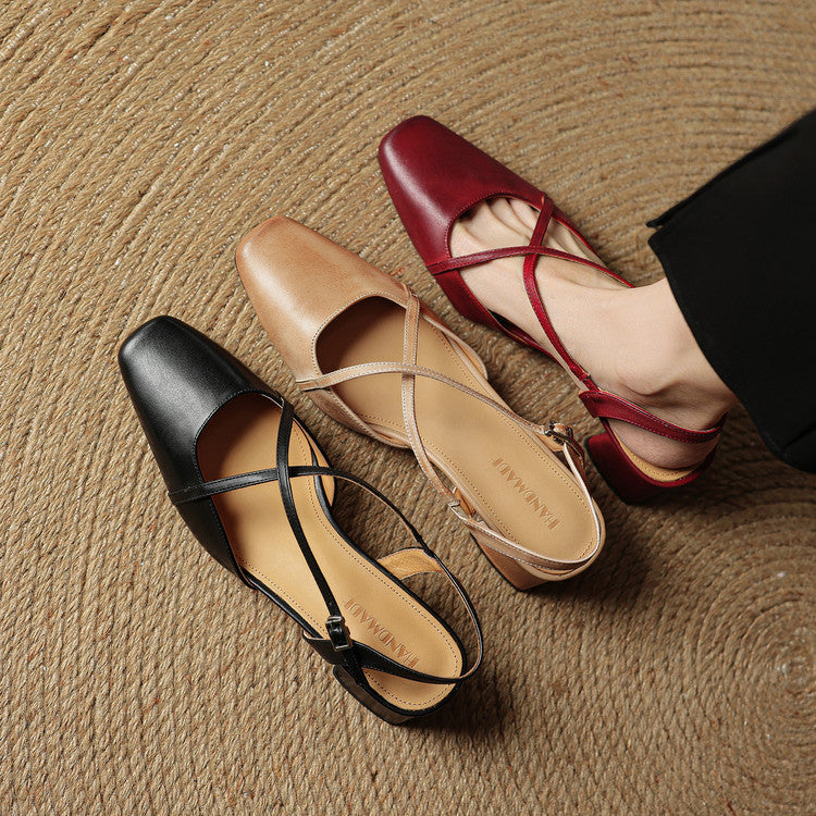 Women's Leather High Heels - Closed Toe Block Heel Shoes