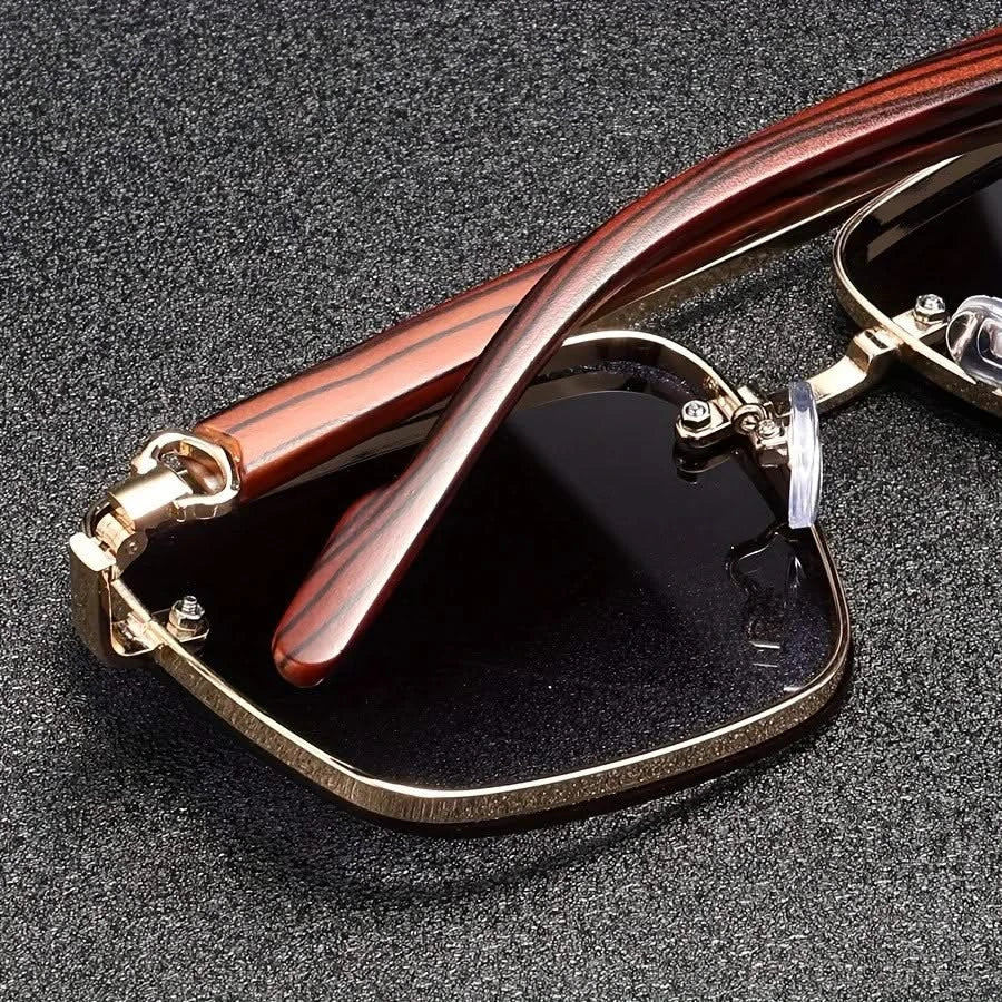 Square Metal Sunglasses with Wooden-Finish Arms