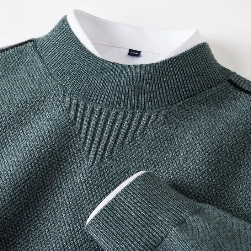 Men's Waffle-Knit Sweater with Ribbed Cuffs and Collar