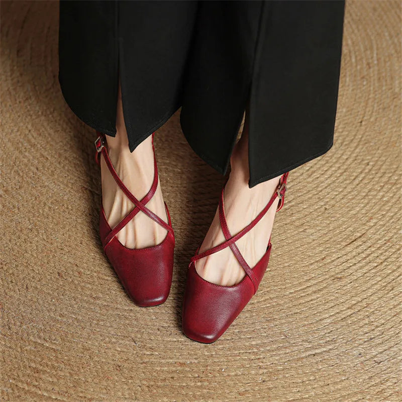 Women's Leather High Heels - Closed Toe Block Heel Shoes