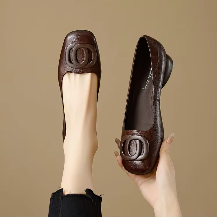 Women's Leather Loafers Square Toe Low Block Heel with Hardware Detail