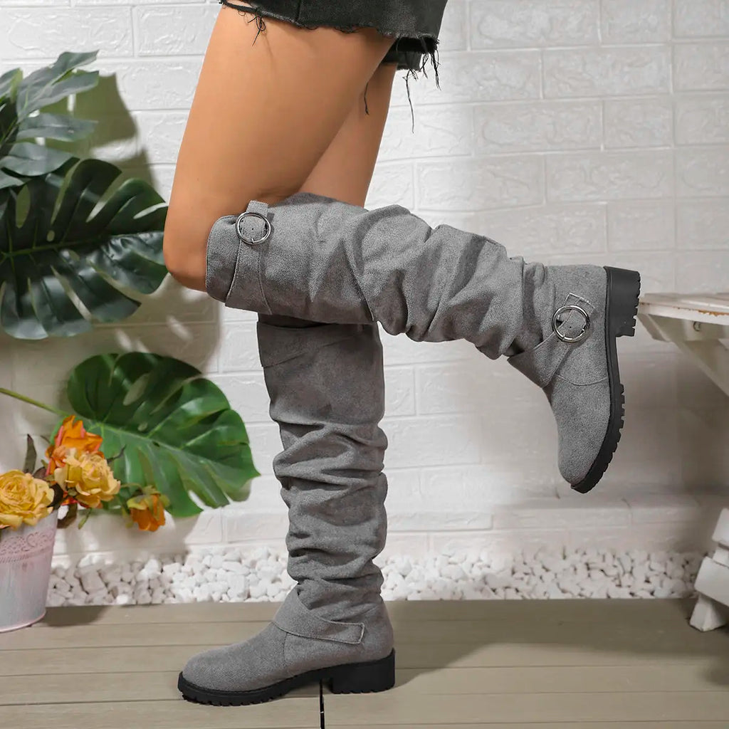 Women's Knee High Boots with Buckle Detail and Block Sole