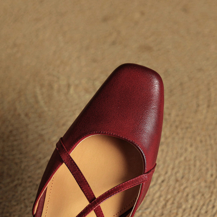 Women's Leather High Heels - Closed Toe Block Heel Shoes