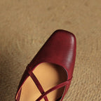 Women's Leather High Heels - Closed Toe Block Heel Shoes