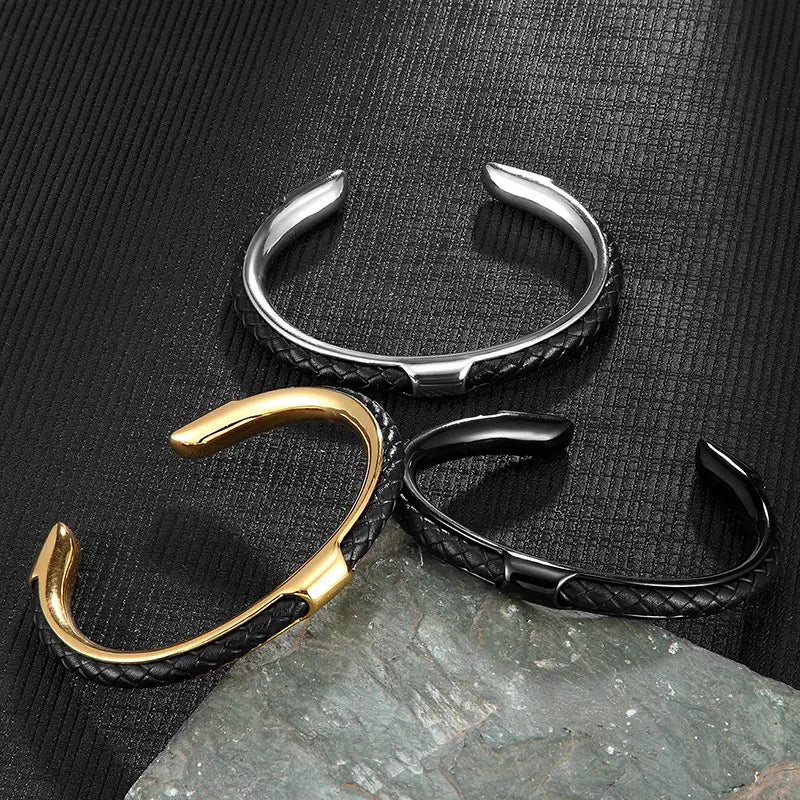 Men's Braided Leather Cuff Bracelet with Stainless Steel Clasp