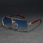 Square Metal Sunglasses with Wooden-Finish Arms