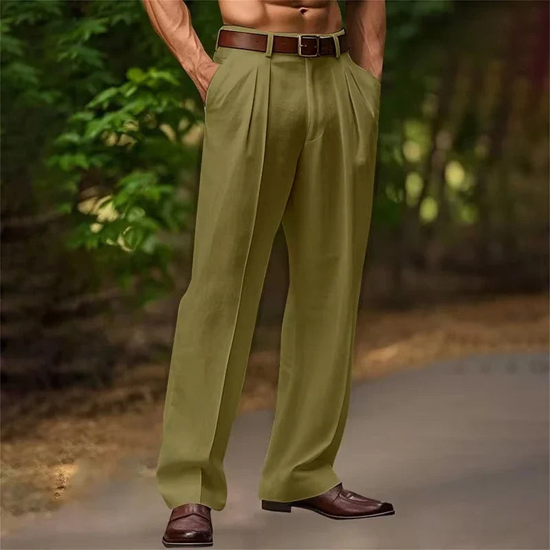 Men's High-Waisted Pleated Trousers with Side Pockets