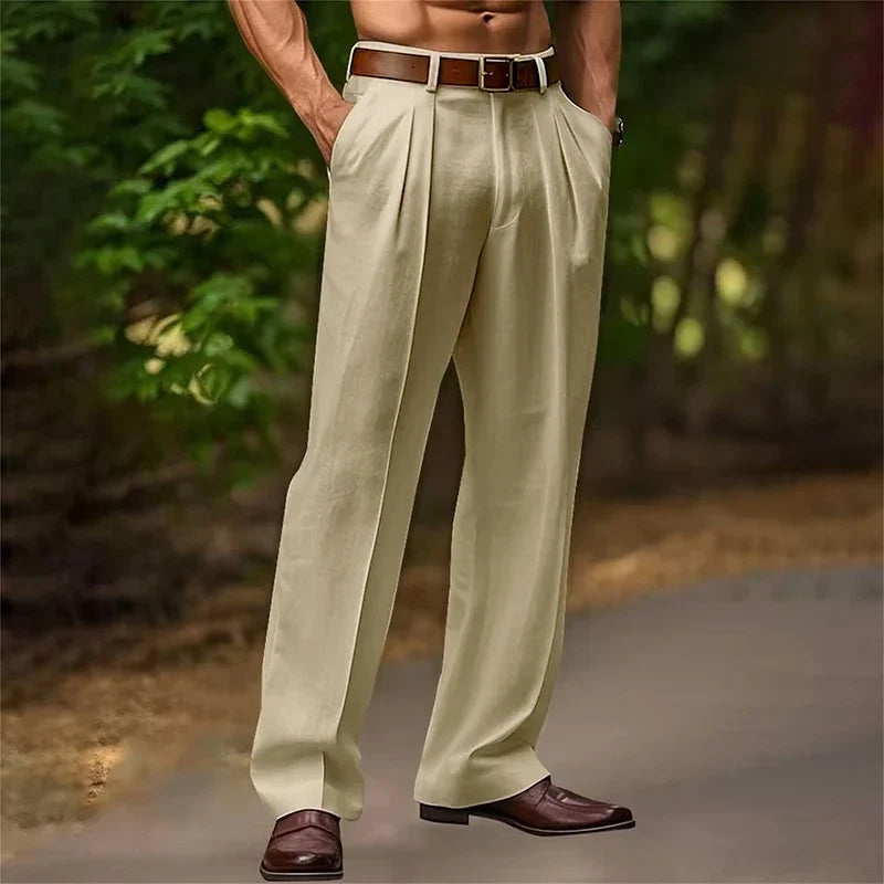 Men's High-Waisted Pleated Trousers with Side Pockets