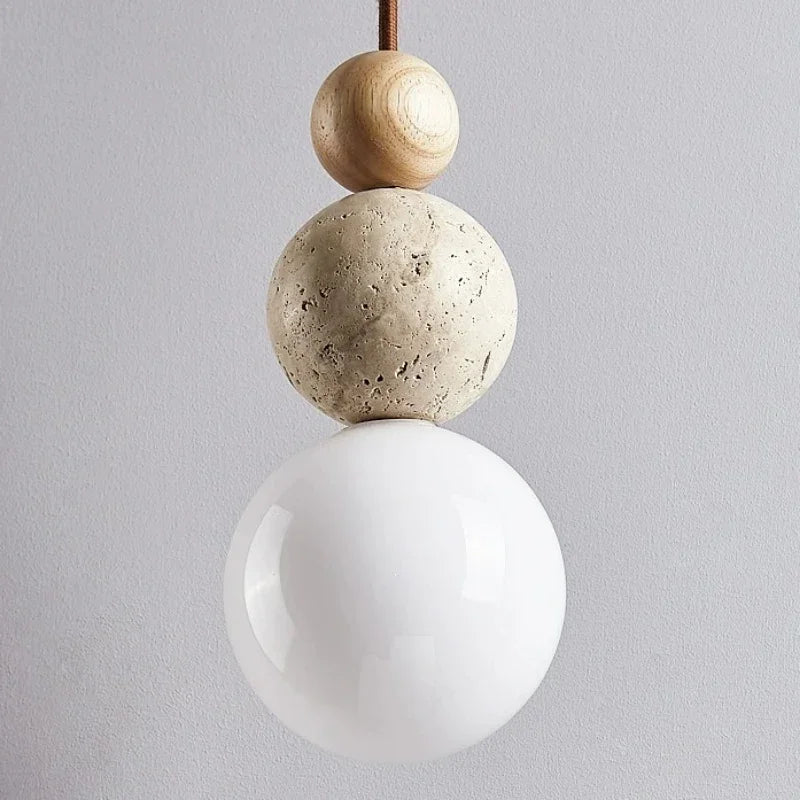 Spherical Pendant Light, Minimalist Design with Travertine and Wood Detail