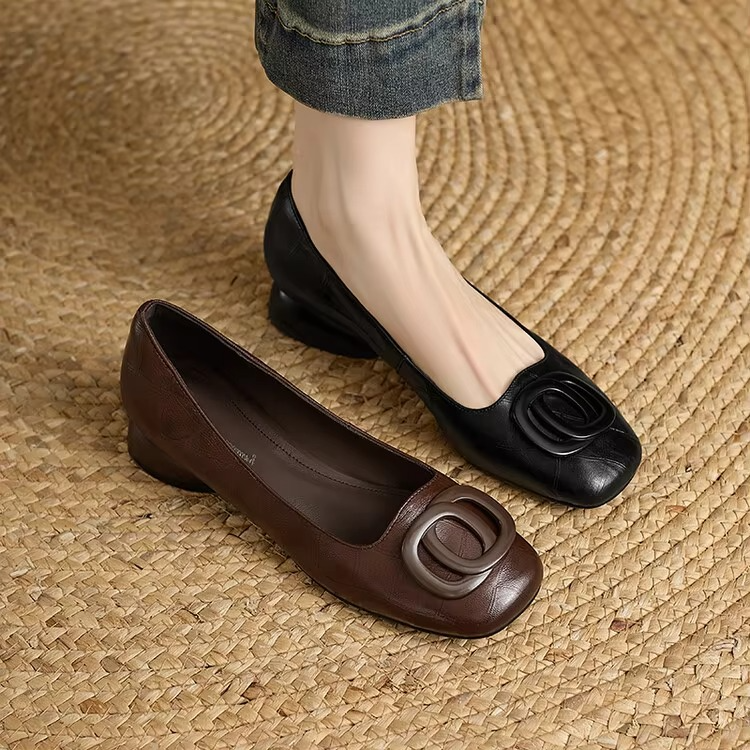 Women's Leather Loafers Square Toe Low Block Heel with Hardware Detail