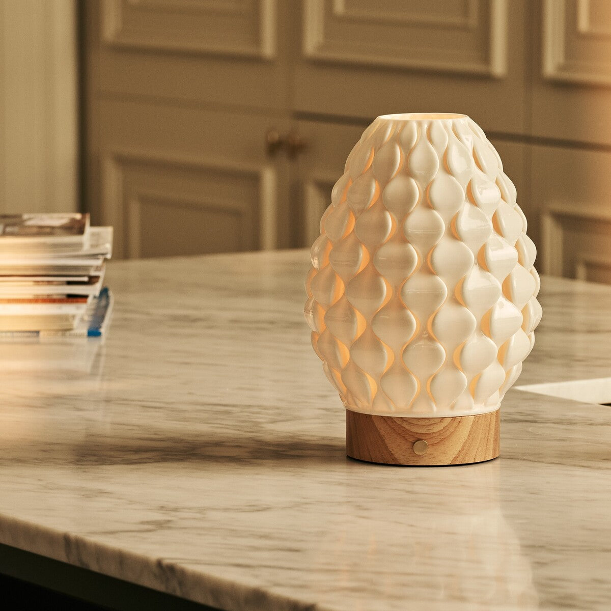 Serena Light Brown Wooden Rechargeable Table Lamp | Wireless, 3D-Printed Porcelain & 3 Light Colors