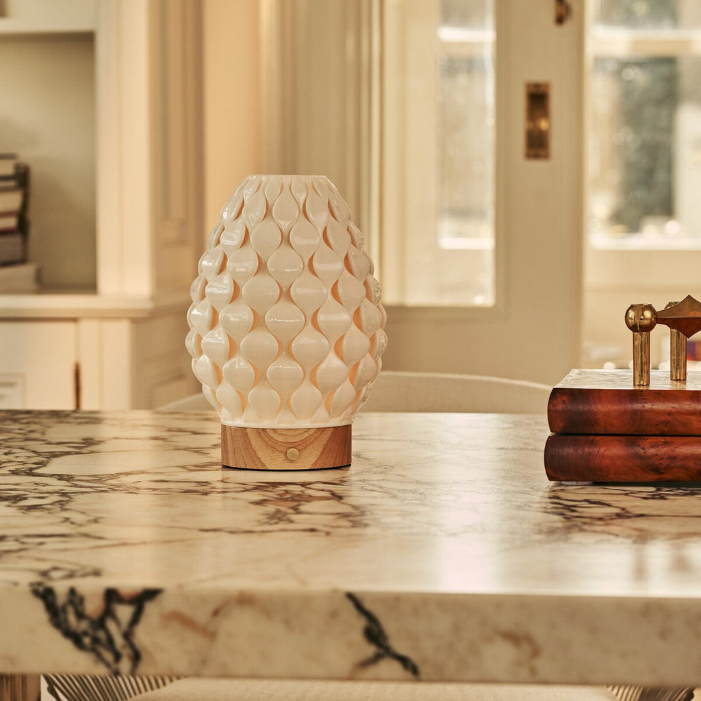 Serena Light Brown Wooden Rechargeable Table Lamp | Wireless, 3D-Printed Porcelain & 3 Light Colors