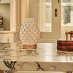 Serena Light Brown Wooden Rechargeable Table Lamp | Wireless, 3D-Printed Porcelain & 3 Light Colors