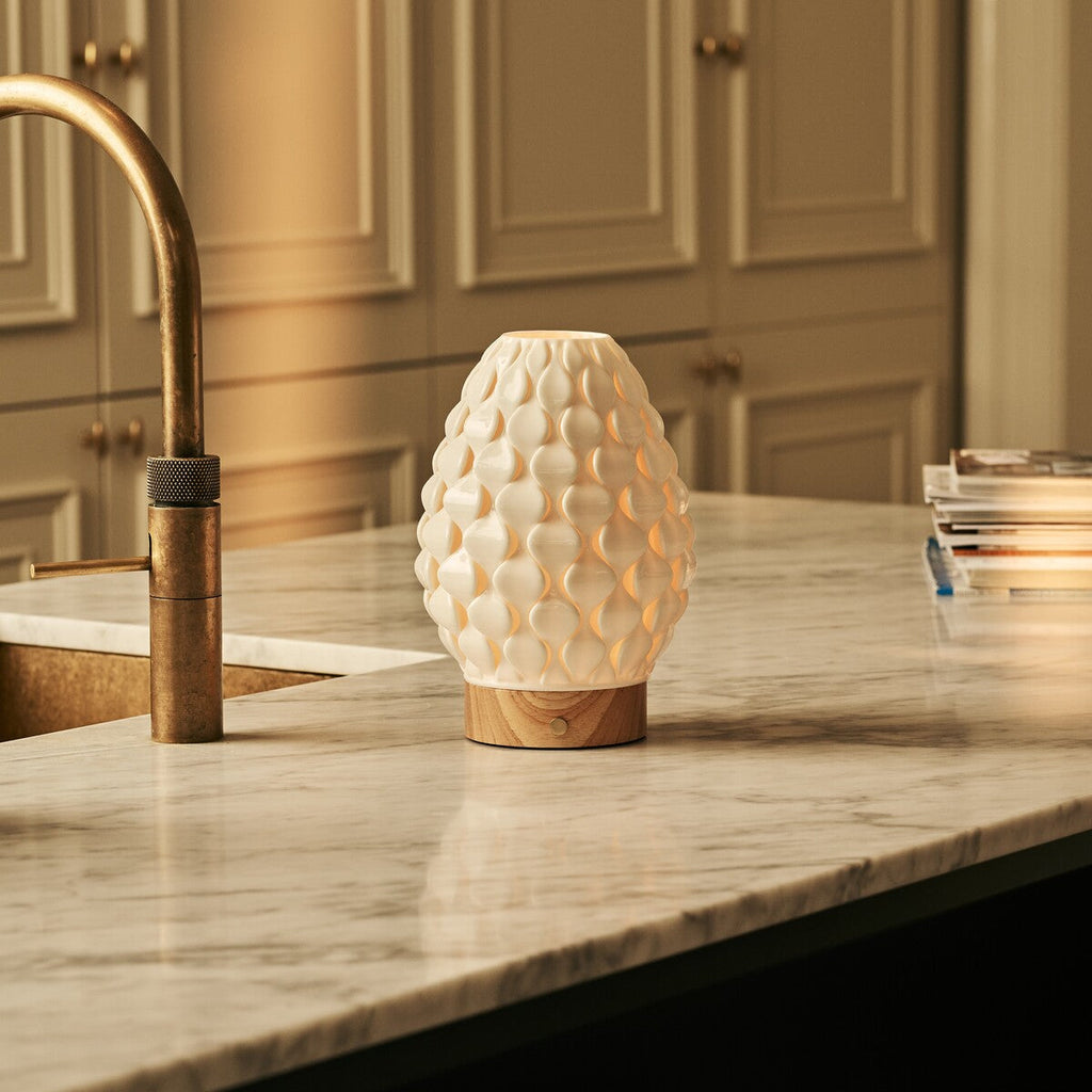 Serena Light Brown Wooden Rechargeable Table Lamp | Wireless, 3D-Printed Porcelain & 3 Light Colors