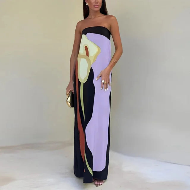Women's Strapless Maxi Dress Color Block Print
