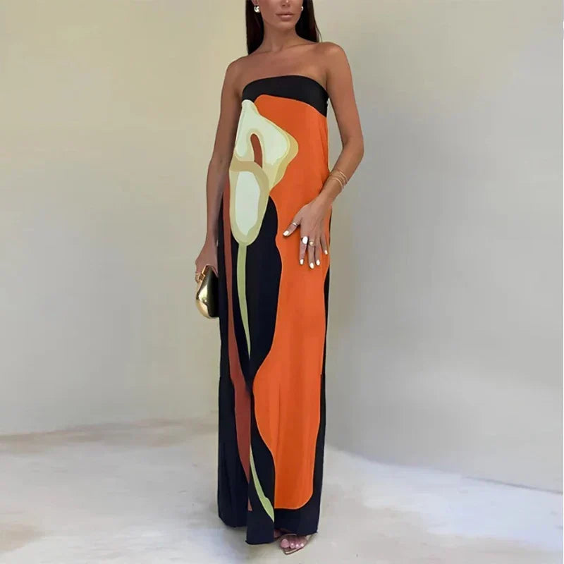 Women's Strapless Maxi Dress Color Block Print