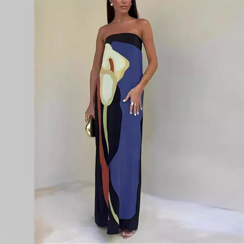 Women's Strapless Maxi Dress Color Block Print