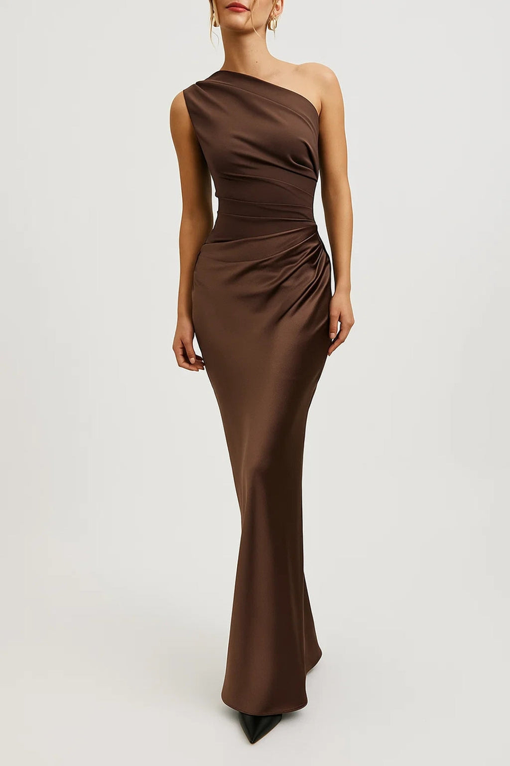 Women's One Shoulder Maxi Dress - Fitted Bodycon with Ruched Waist