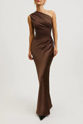 Women's One Shoulder Maxi Dress - Fitted Bodycon with Ruched Waist