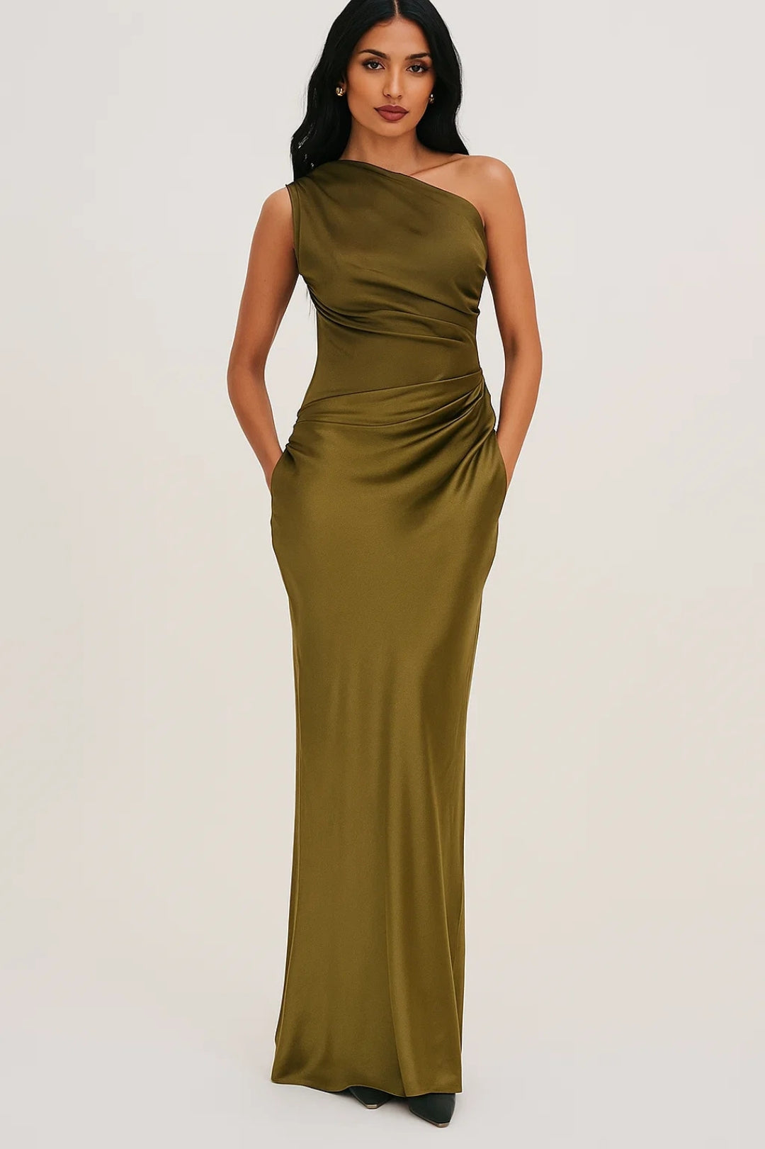 Women's One Shoulder Maxi Dress - Fitted Bodycon with Ruched Waist