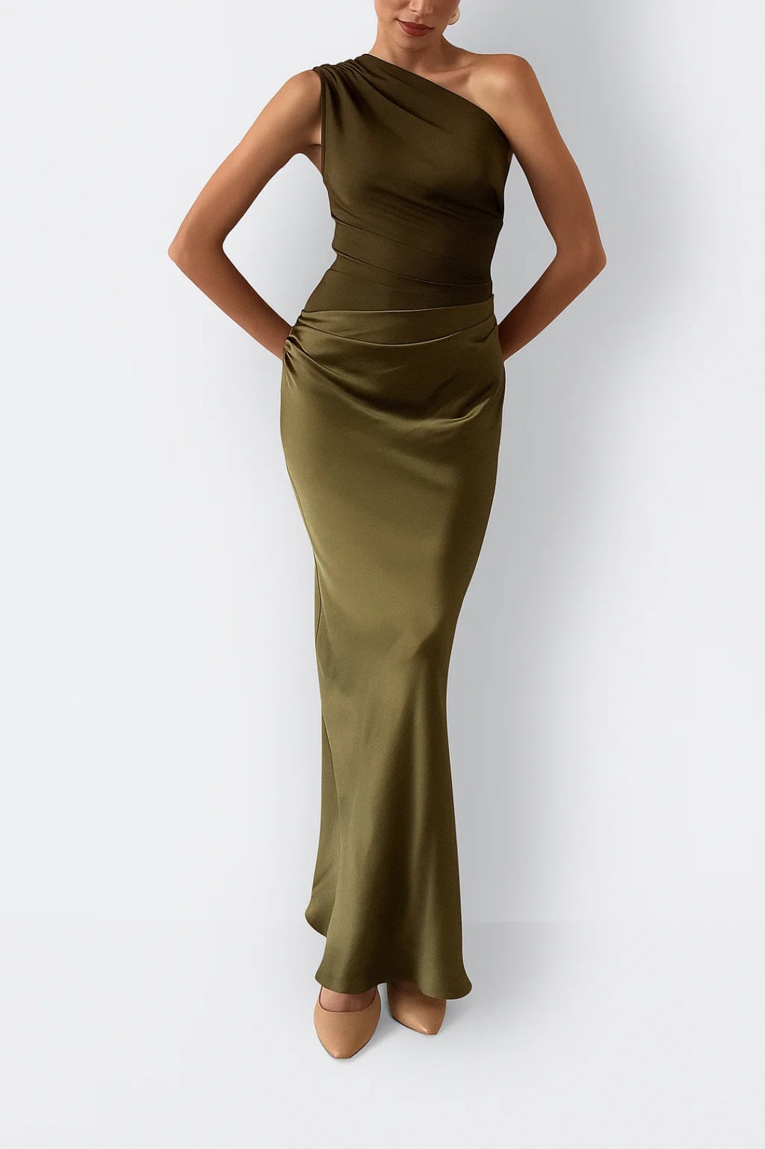 Women's One Shoulder Maxi Dress - Fitted Bodycon with Ruched Waist