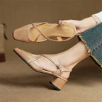 Women's Leather High Heels - Closed Toe Block Heel Shoes