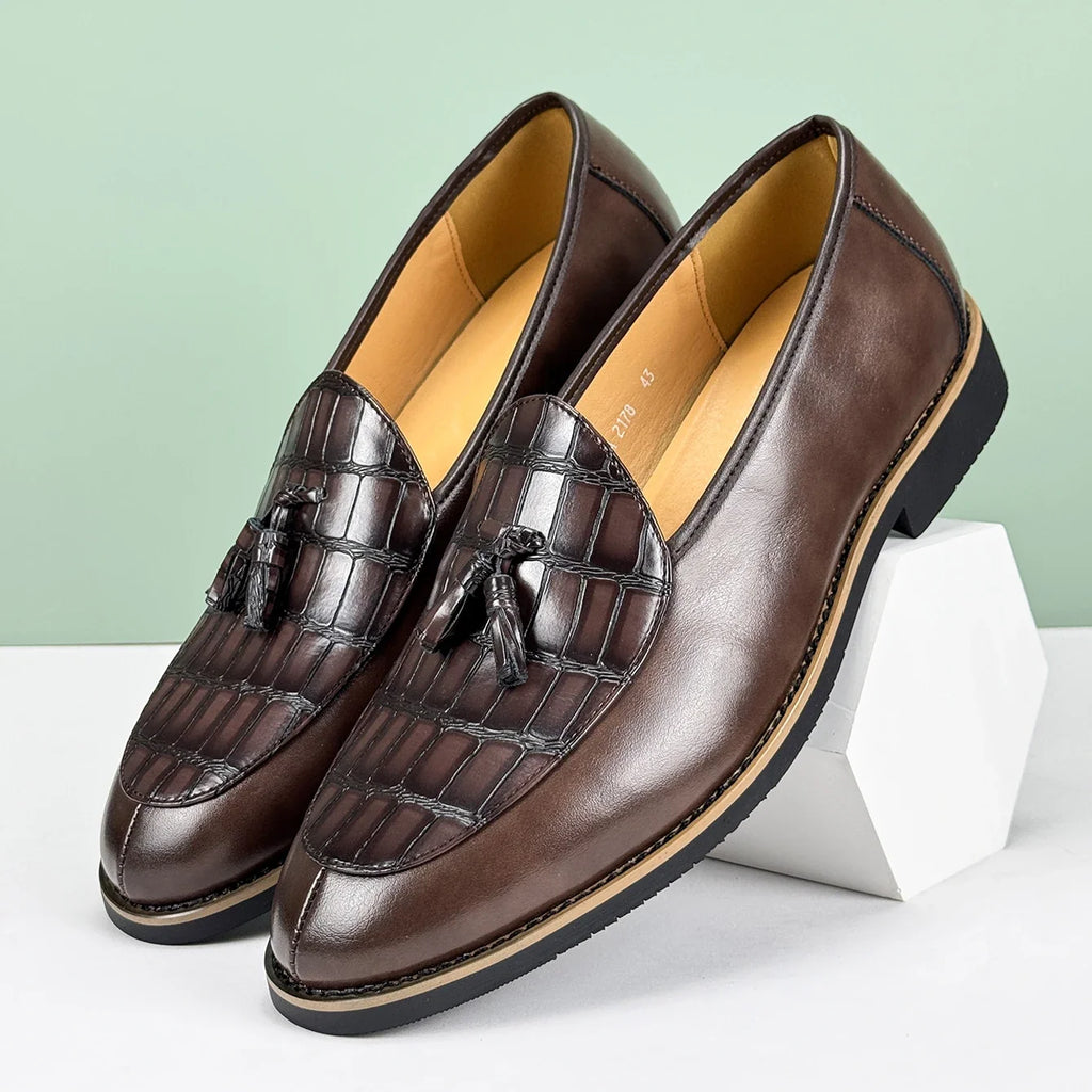 Men's Leather Tassel Loafer with Croc-Embossed Vamp