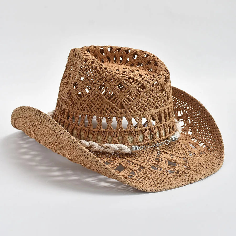 Women's Woven Sun Hat with Shell Accent Band – Open Weave Straw Hat