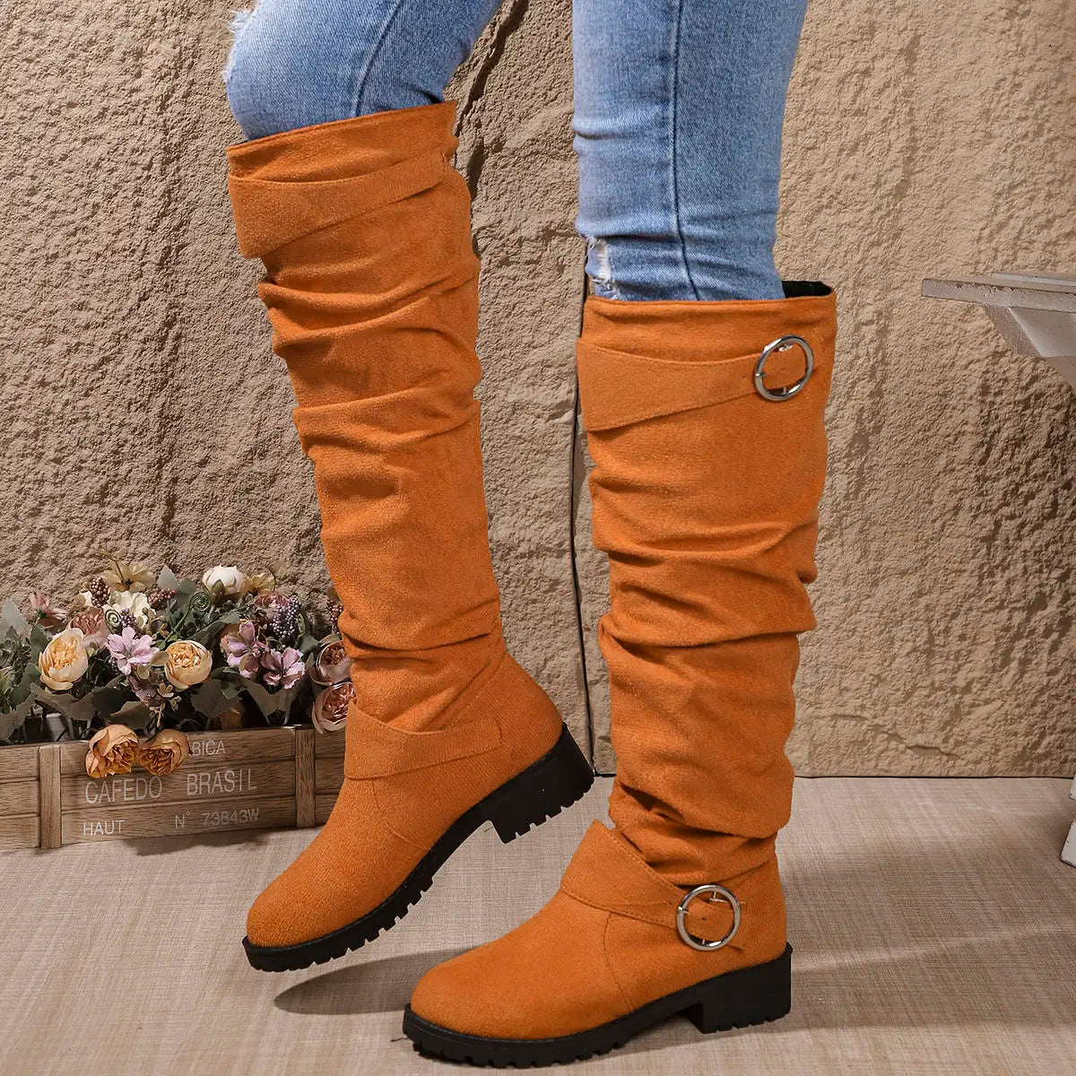 Women's Knee High Boots with Buckle Detail and Block Sole