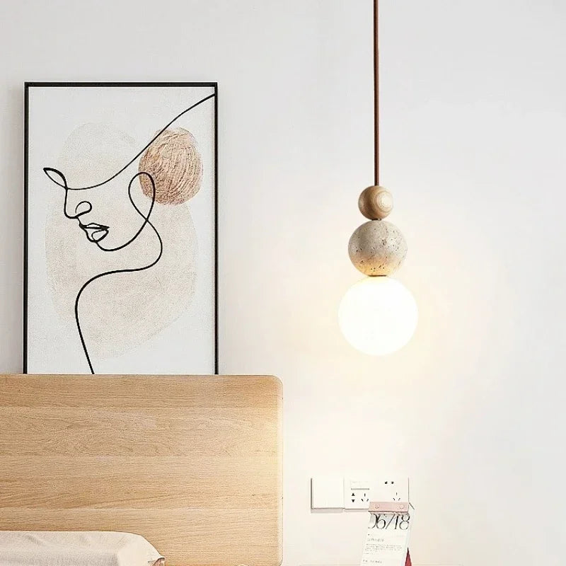 Spherical Pendant Light, Minimalist Design with Travertine and Wood Detail