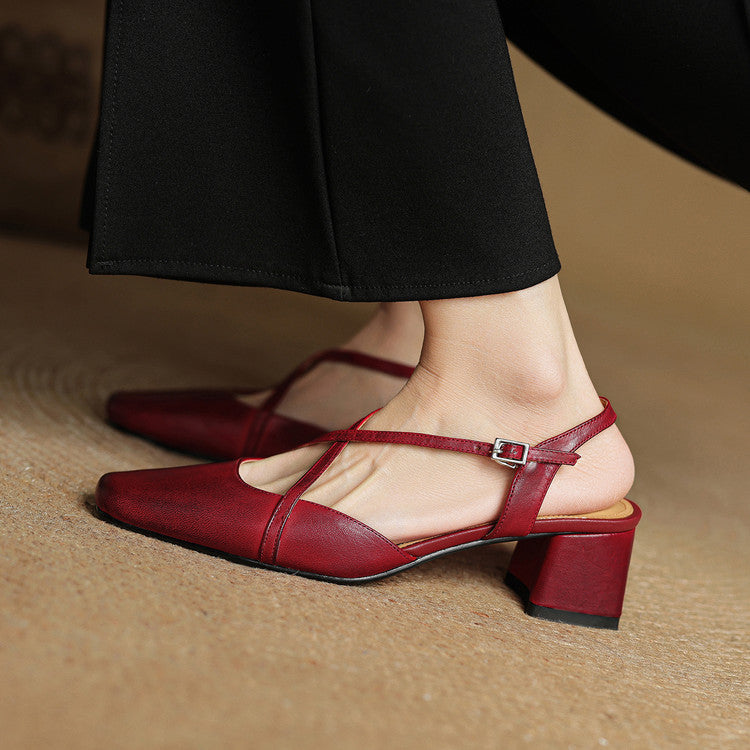 Women's Leather High Heels - Closed Toe Block Heel Shoes