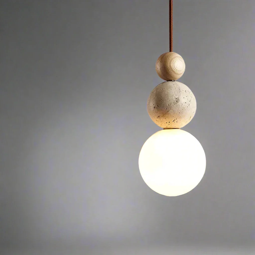 Spherical Pendant Light, Minimalist Design with Travertine and Wood Detail