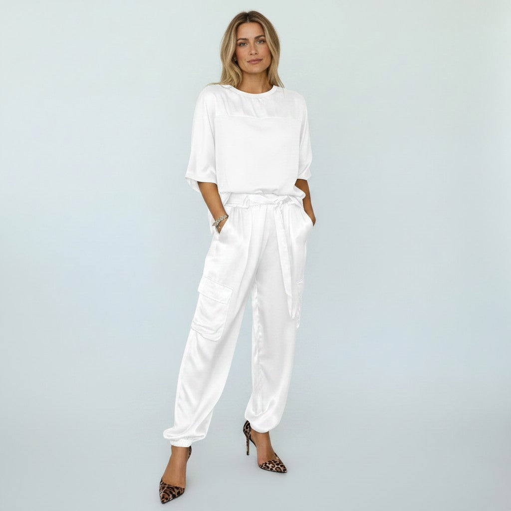 Women's Two-Piece Set - Short Sleeve Top & Elastic Waist Cargo Trousers